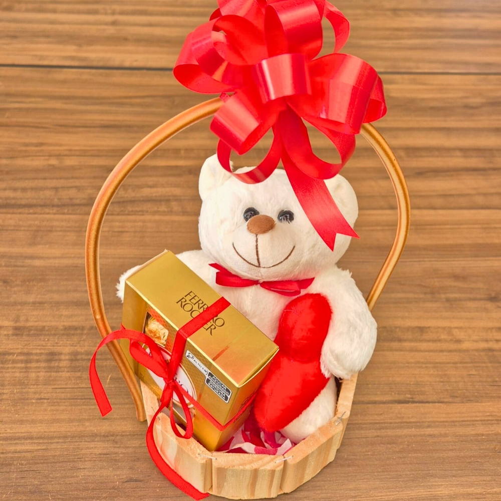 Cesta Amor com Urso de Pel�cia e Ferrero Rocher