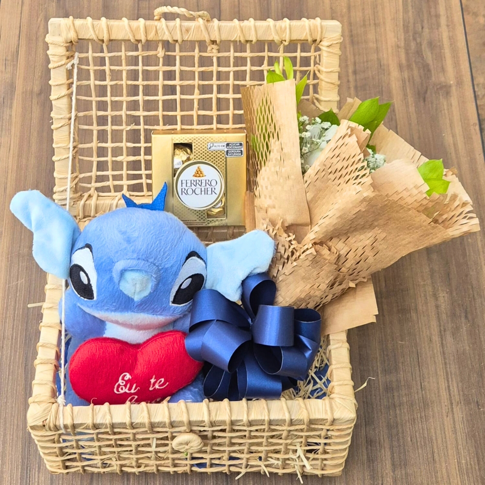 Cesta Ba� com Pel�cia Stitch, Flores e Ferrero Rocher