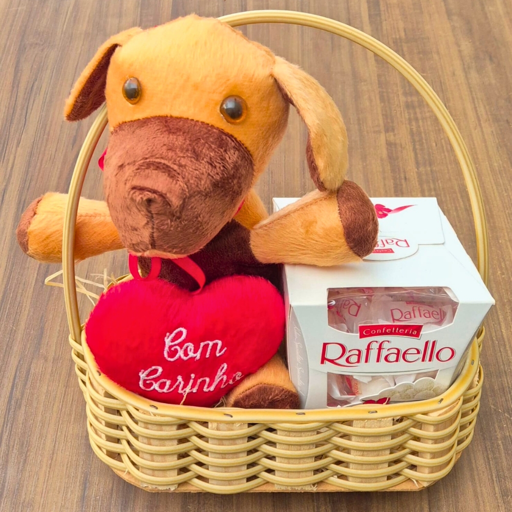 Cesta com Cachorro de Pel�cia, Raffaello e Cora��o